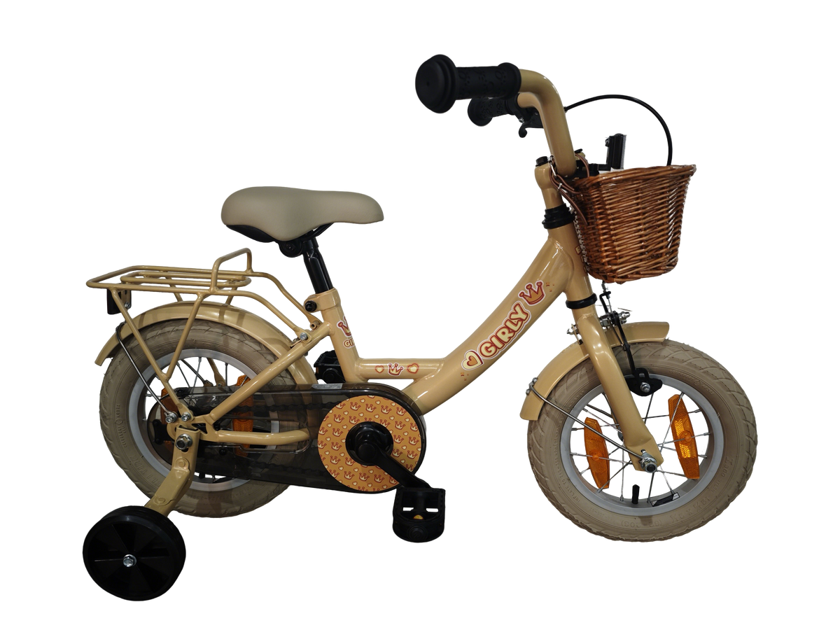 Kinderfiets Bikefun Girly 12 inch - met mandje, zijwieltjes en remnaaf - Goud