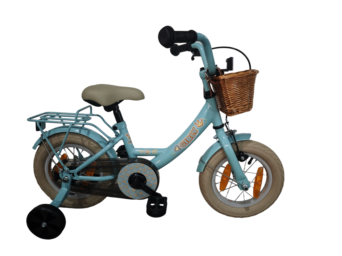 Kinderfiets Bikefun Girly 12 inch - met mandje, zijwieltjes en remnaaf - Blauw