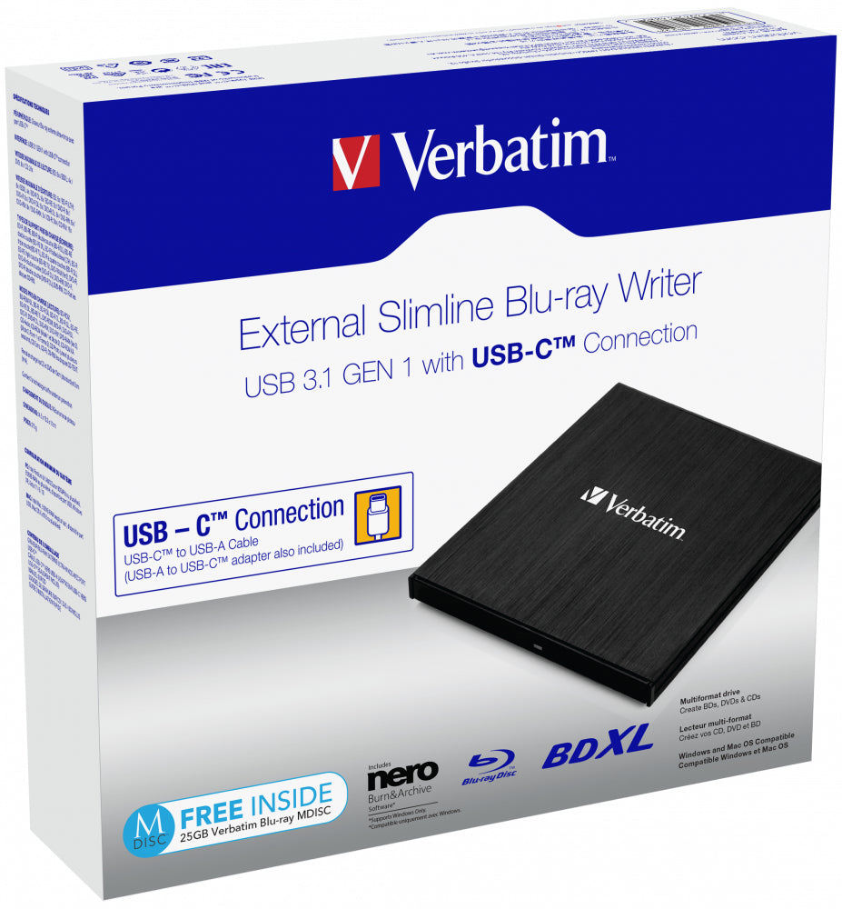 Verbatim Slimline Blu-ray Writer USB 3.1 GEN 1 USB-C 43889