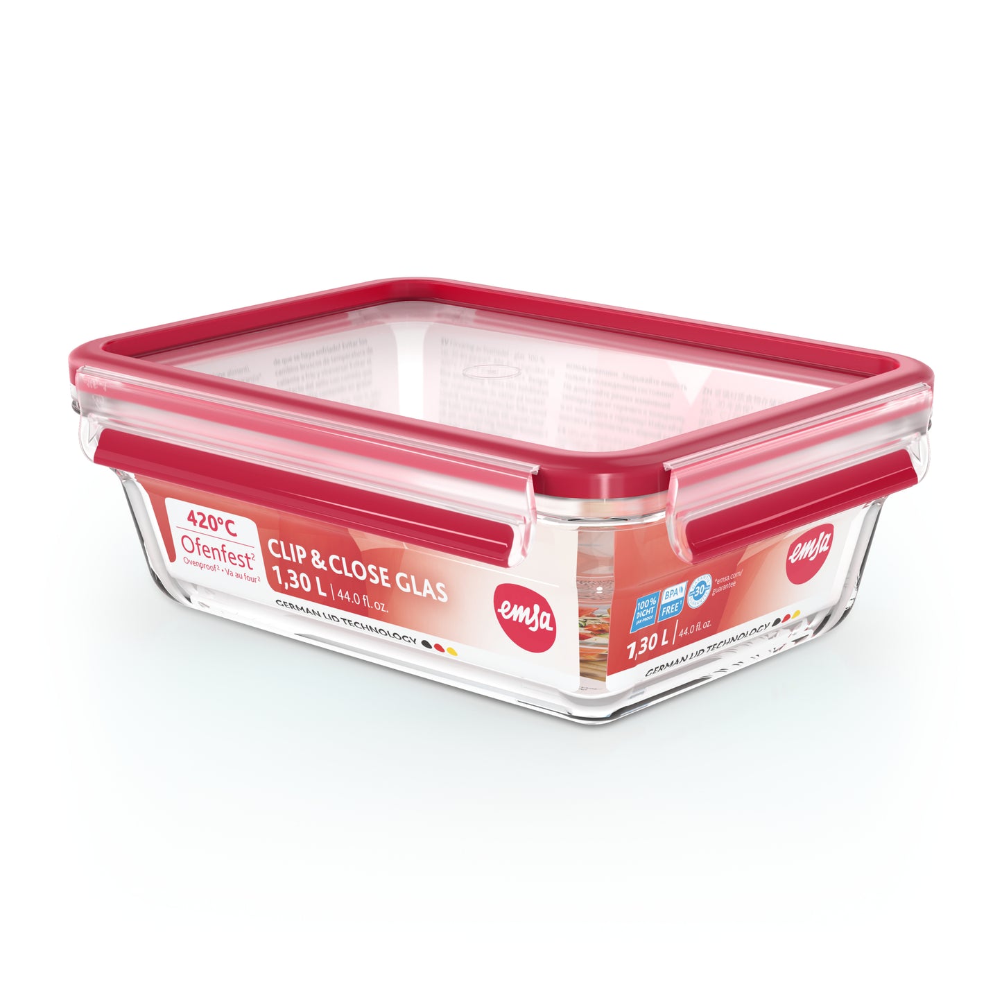 Emsa Clip&Close Glass Food Container 1,3 L red
