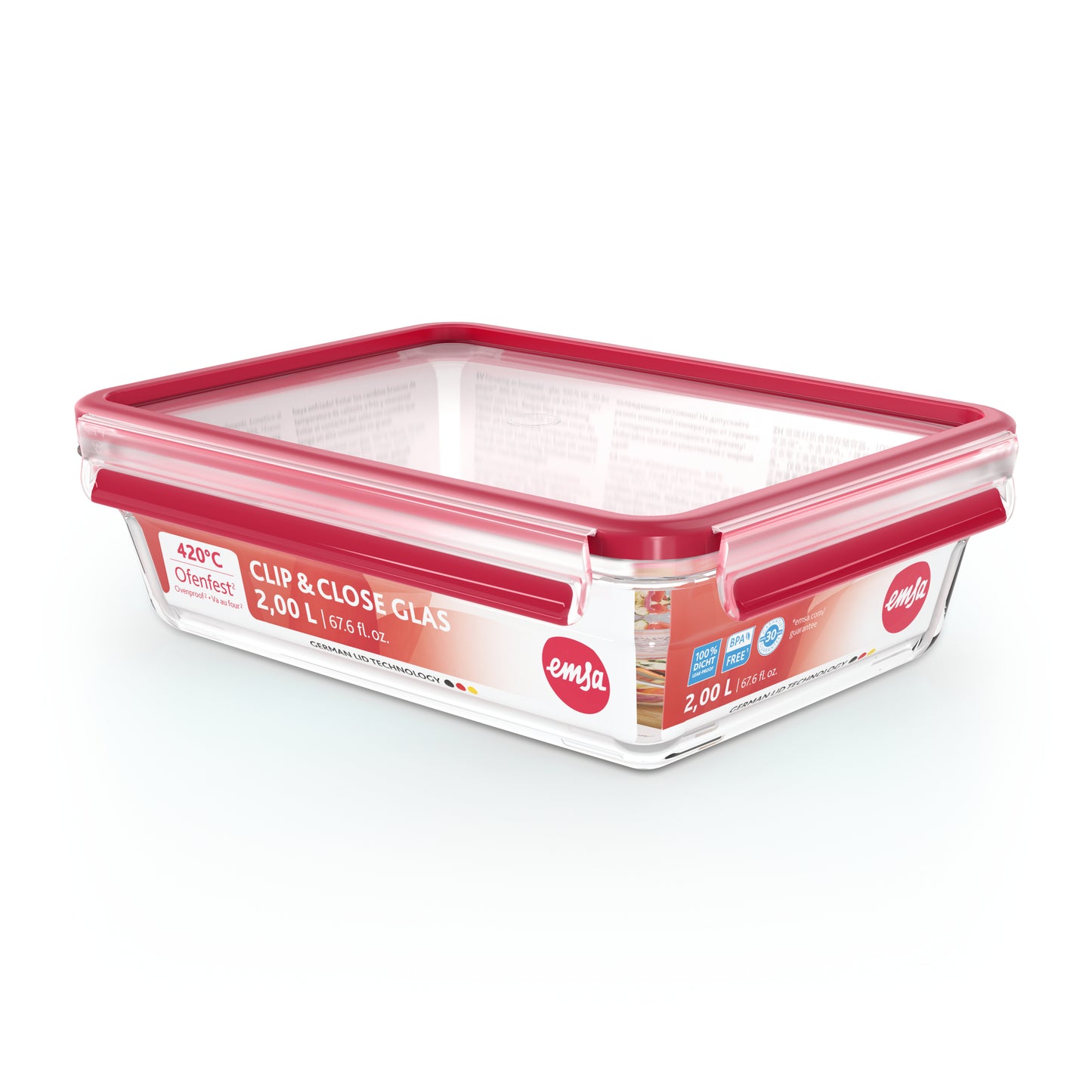 Emsa Clip&Close Glass Food Container, Square 2 L