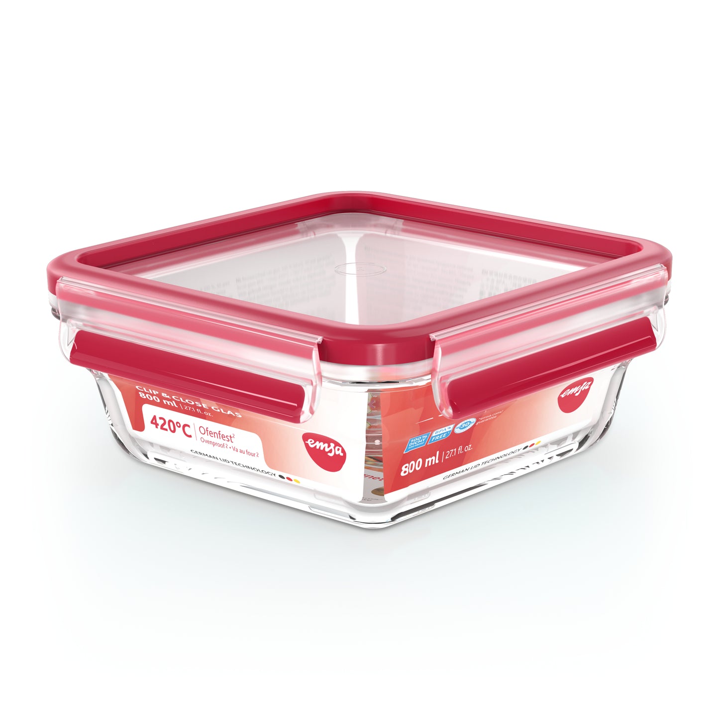 Emsa Clip&Close Glass Food Container 0,8 L red