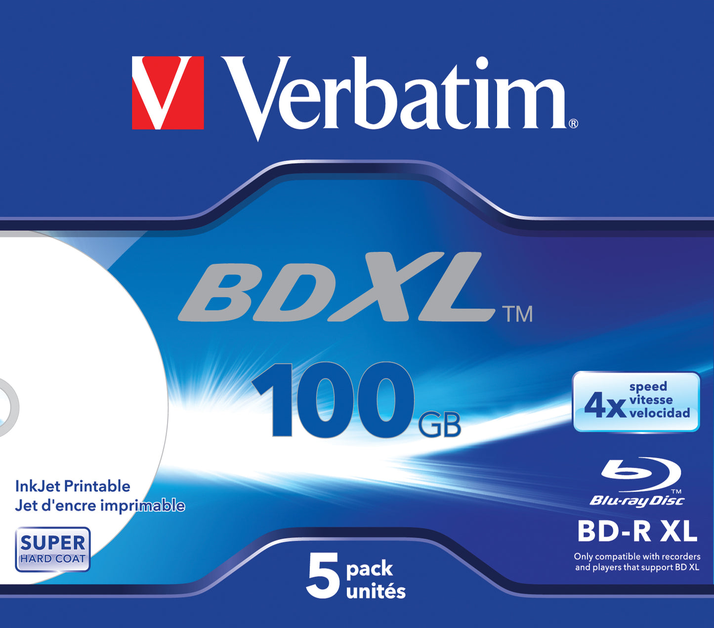 1x5 Verbatim BD-R Blu-Ray 100GB 4x Speed wide printable JC