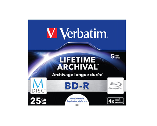 1x5 Verbatim M-Disc BD-R Blu-Ray 25GB 4x Speed, Jewel Case print.