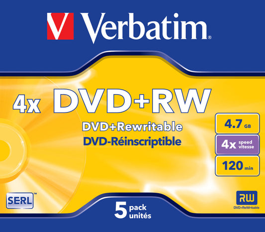 1x5 Verbatim DVD+RW 4,7GB 4x Speed, matt silver Jewel Case