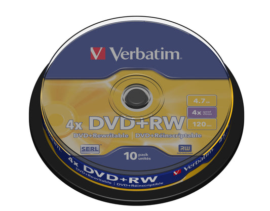 1x10 Verbatim DVD+RW 4,7GB 4x Speed, matte silver Cakebox