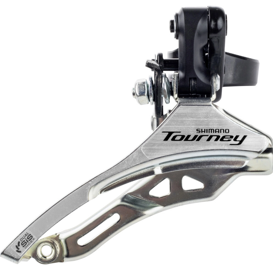 Voorderailleur 3 x 6/7 speed Shimano Tourney FD-TY300 down swing/top pull - hoge klem ø34,9 mm - 42T - (66-69°) - Zwart/Zilver