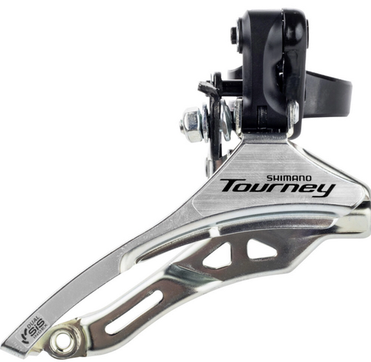 Voorderailleur 3 x 6/7 speed Shimano Tourney FD-TY300 down swing/top pull - hoge klem ø31,8 mm - 42T - (66-69°) - Zwart/Zilver