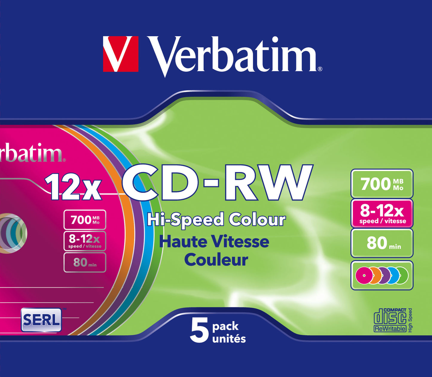 1x5 Verbatim CD-RW 80 / 700MB 10x Speed, Colour, Slim