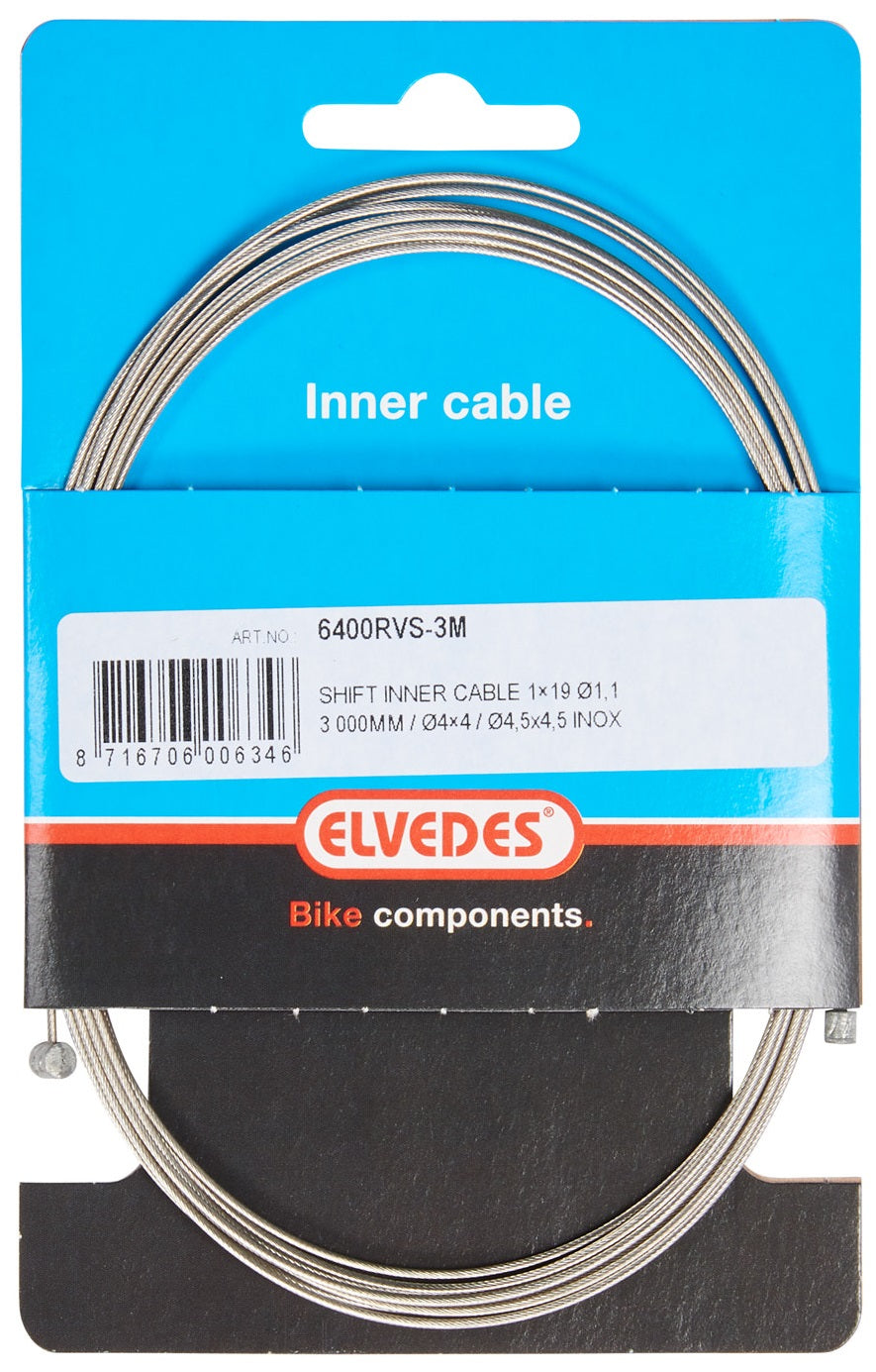 Schakel binnenkabel Elvedes 3000mm 1 x 19 draads RVS ø1,1mm N-nippel ø4×4 mm + T-nippel ø4,5×4,5 mm - Zilver