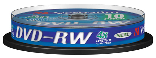 1x10 Verbatim DVD-RW 4,7GB 4x Speed, matte silver Cakebox