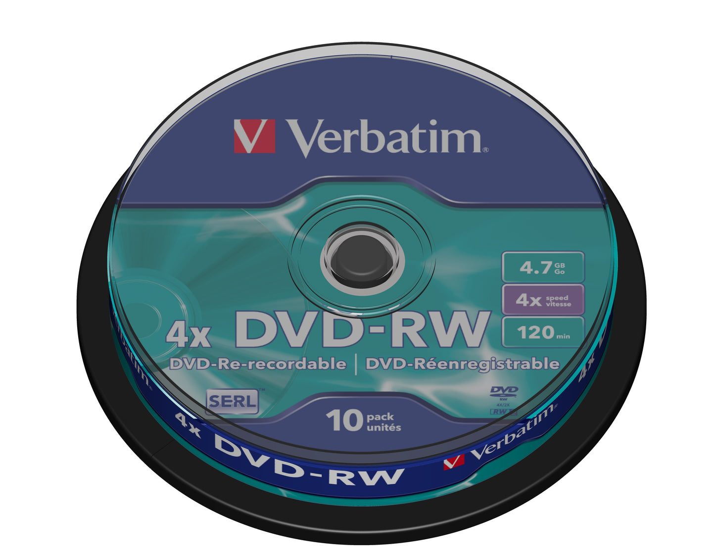1x10 Verbatim DVD-RW 4,7GB 4x Speed, matte silver Cakebox