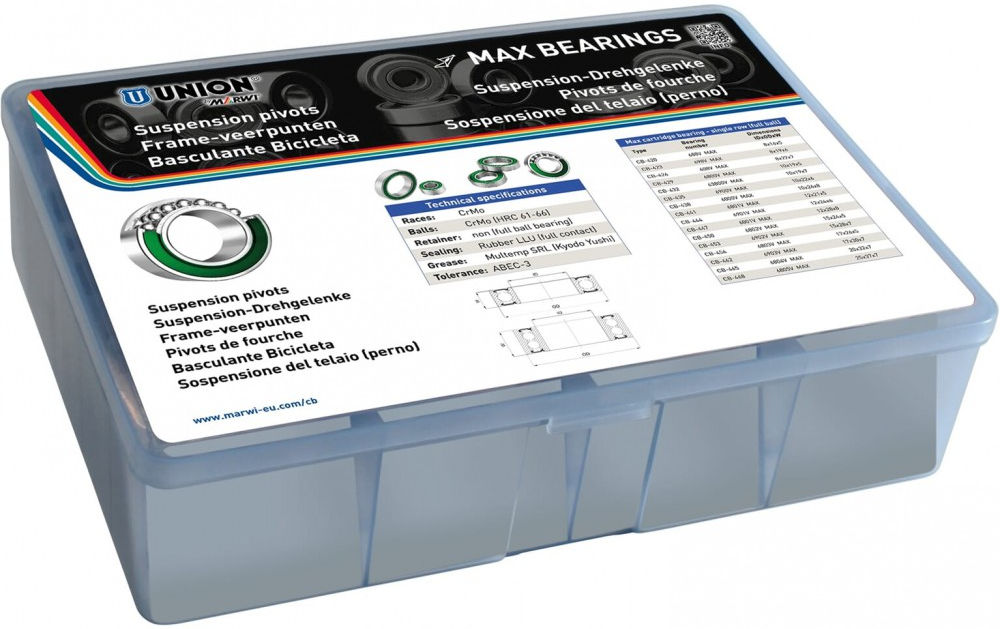 Assortimentsdoos met MAX kogellagers Marwi voor frame-veerpunten