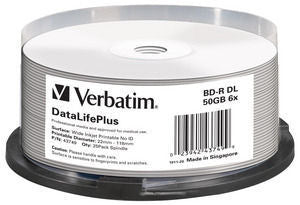 1x25 Verbatim BD-R Blu-Ray 50GB 6x Speed printable Cakebox