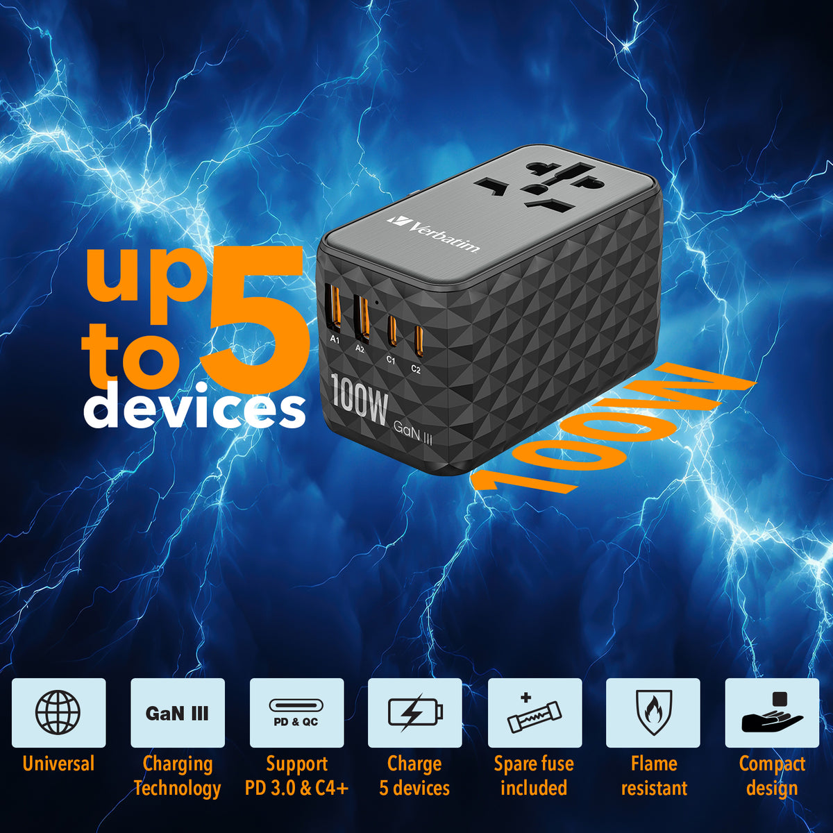 Verbatim GaN III Uni.Travel Adap 100W Welt-zu-Welt UTA-06   32121