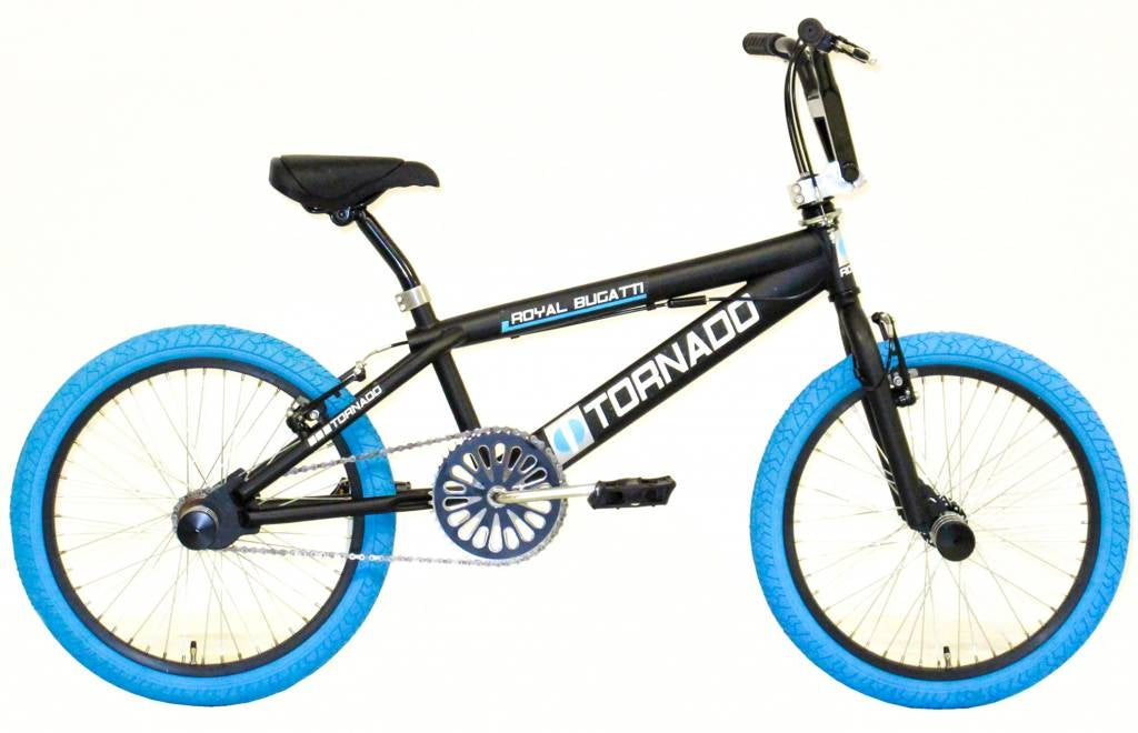 BMX Fiets Royal-Bugatti Tornado Freestyle 20 inch - Mat Zwart met Blauwe banden