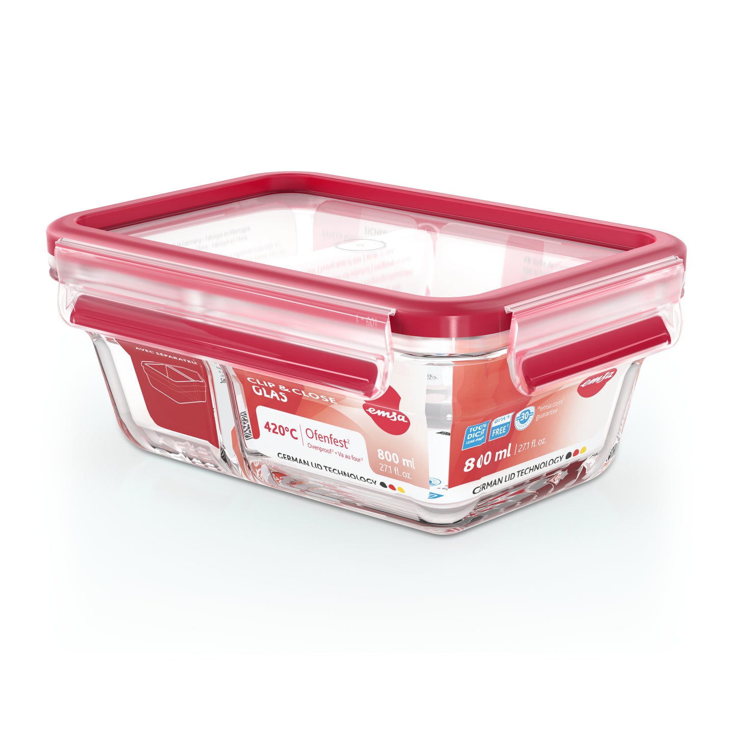 Emsa Clip&Close Glass Food Container 800 ml red