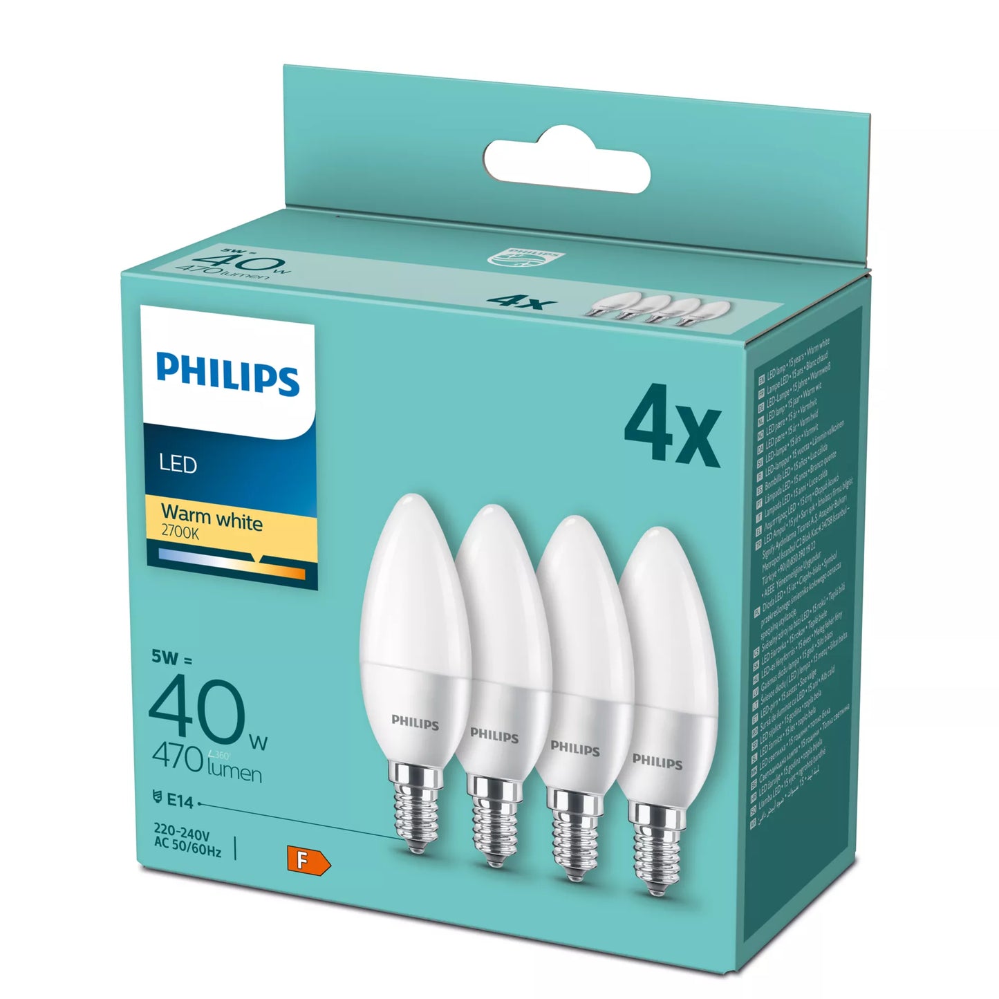 Philips LED Lamp E14 4-pack candle     40W 2700K